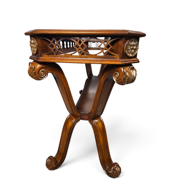 1990s Vintage Carved Wood Fretwork Console Table With Beveled Glass Top For Sale - Image 5 of 5