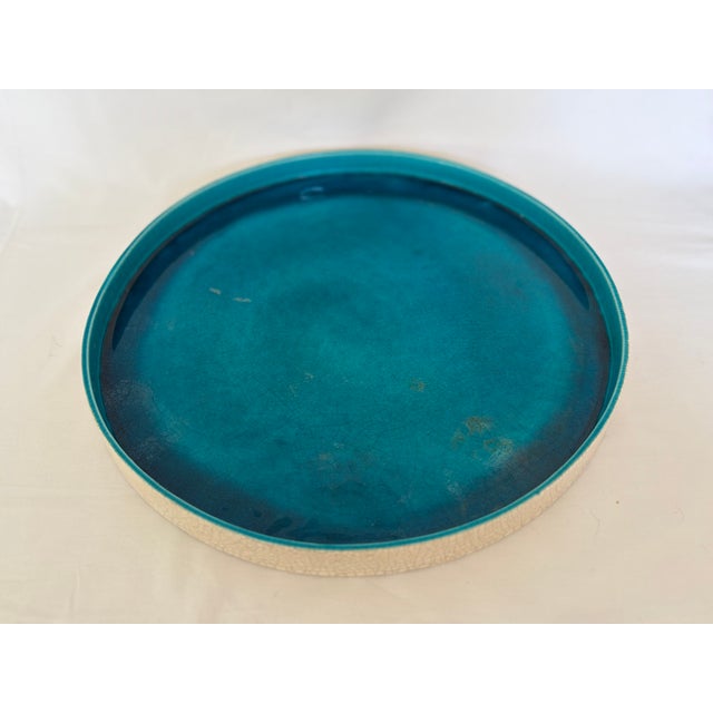 Impressive antique Japanese Awaji pottery charger, circa 1890–1930, featuring a beautiful turquoise-blue crackle glaze...