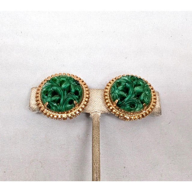 Metal Vintage 1965 Signed Napier Round Goldtone Carved Faux-Jade Clip Earrings-2 Pieces For Sale - Image 7 of 7