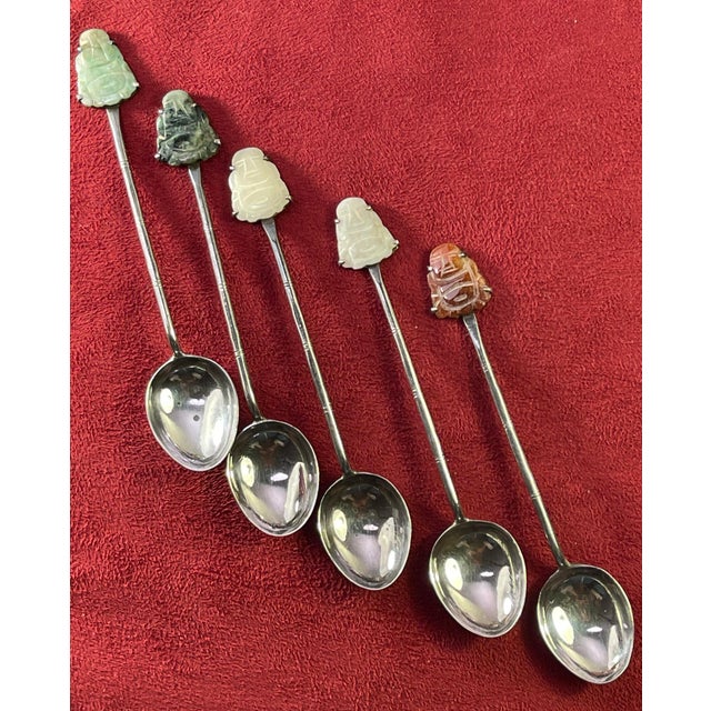 Sterling Silver! Adorable spoon set made in old Hong Kong. Features carved jade buddhas on the top of each spoon. Measure...
