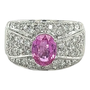 Natural 2 Carat Oval Cut Pink Sapphire with Diamond Cluster Dome Ring, Size 7.5
