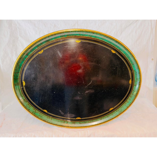 Vintage Hollywood Regency Style Hand-Painted Papier-Mâché Oval Tray on Faux Bamboo Stand For Sale - Image 9 of 11