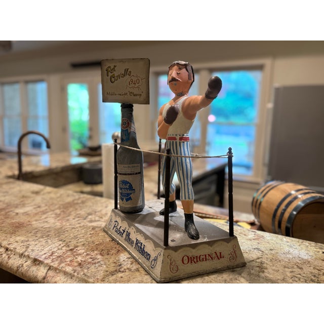 Blue Vintage Plasto Mfg. Chicago Pabst Blue Ribbon Boxer Back Bar Display With Pat Cavalla Sign For Sale - Image 8 of 10