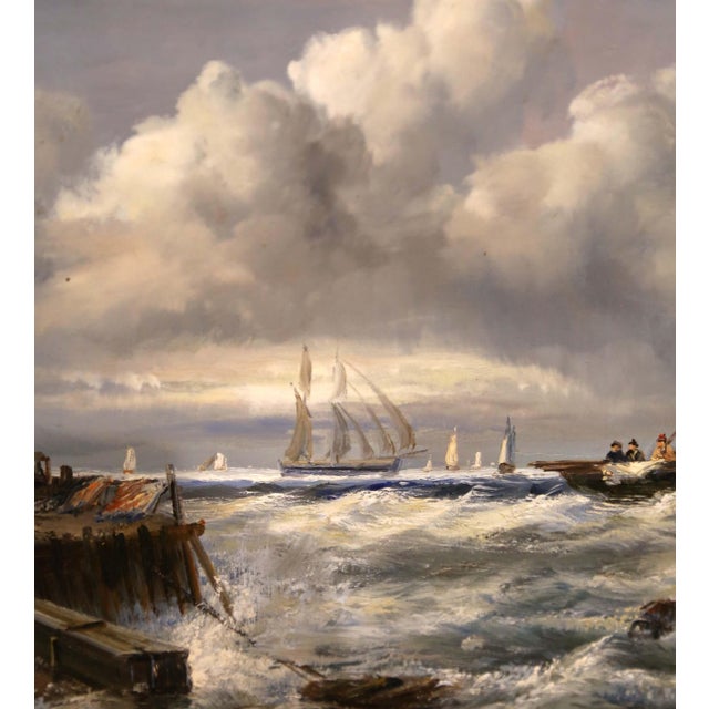 Vintage Signed Italian Marine Harbor Scene Painting With Sailboats and Figures For Sale - Image 9 of 13