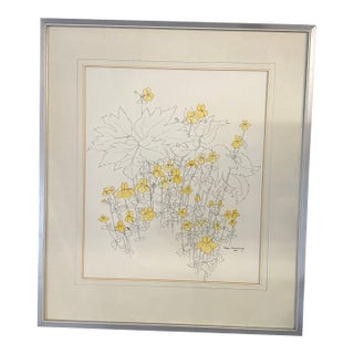 Floral Water Color Drawing by Montana Artist Kaye Cummings 1977 Yellow Floral Line Drawing Framed For Sale