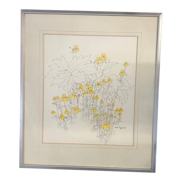 Floral Water Color Drawing by Montana Artist Kaye Cummings 1977 Yellow Floral Line Drawing Framed For Sale