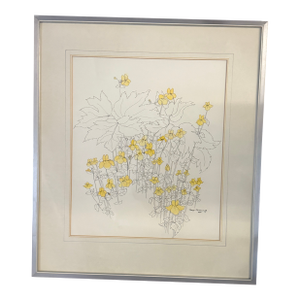 Floral Water Color Drawing by Montana Artist Kaye Cummings 1977 Yellow Floral Line Drawing Framed