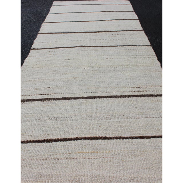 Brown Mid 20th Century Minimalist Design Vintage Turkish Kilim Runner in Off White & Brown Lines For Sale - Image 8 of 10