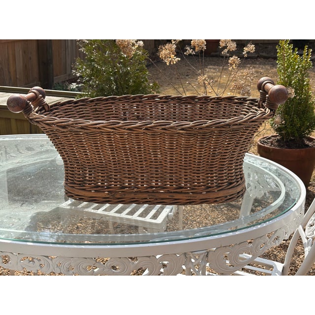 Vintage French Wicker Basket With Turned Wood Handles & Wood Slatted Base For Sale - Image 12 of 16