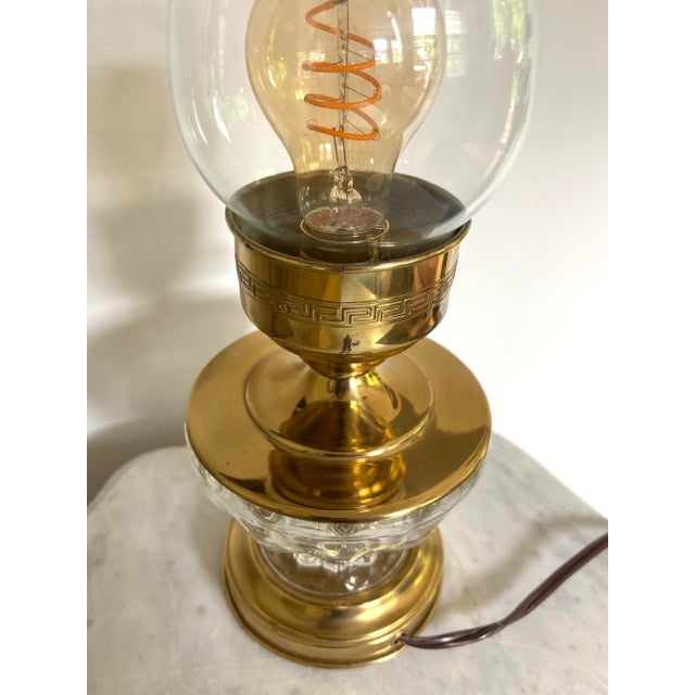 Rewired Early 20th Century Brass and Glass Hurricane Lamp With Greek Key Detail For Sale - Image 4 of 6