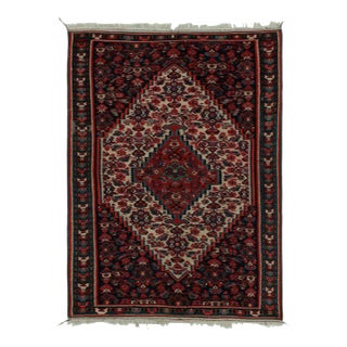 1950s Vintage Senneh Kilim in Red, Blue & White Tribal Pattern For Sale