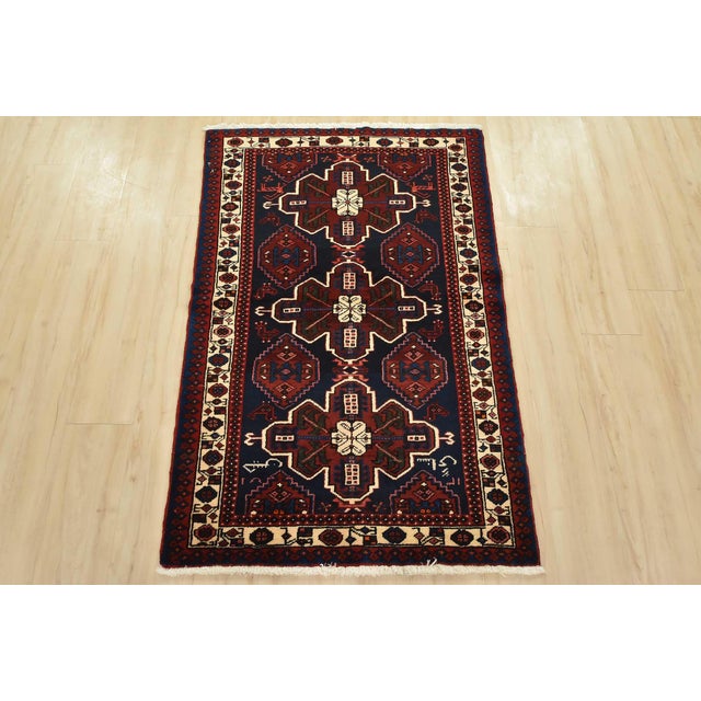 Tribal Hamedan Rug 3’2” X 4’10” Blue Wool Vintage Tribal Hand-Knotted Carpet For Sale - Image 3 of 12
