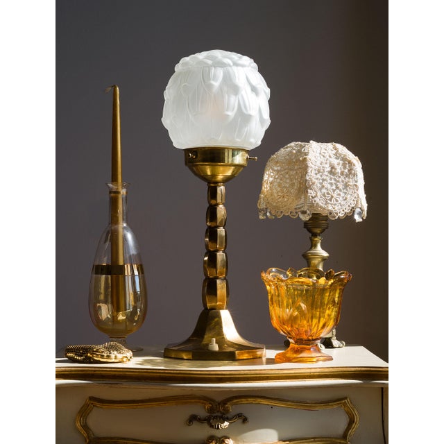 Art Deco Brass Table Lamp with Frosted Glass Shade, 1930s For Sale - Image 4 of 8