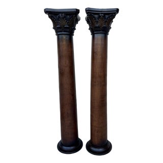 Pair of Custom Vintage Wooden Corinthian Column Pedestals With Capitals For Sale