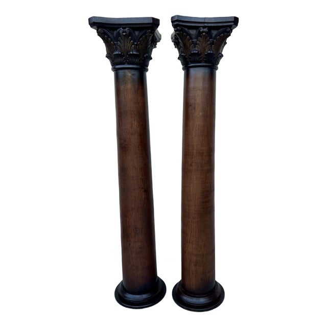 Pair of Custom Vintage Wooden Corinthian Column Pedestals With Capitals For Sale