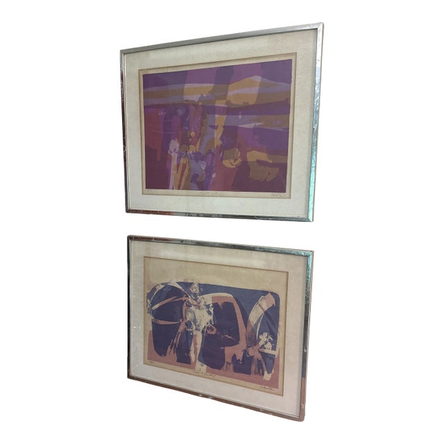 1970s Modernist Abstract Expressionist Framed Pair of Prints Blue Purple Signed For Sale