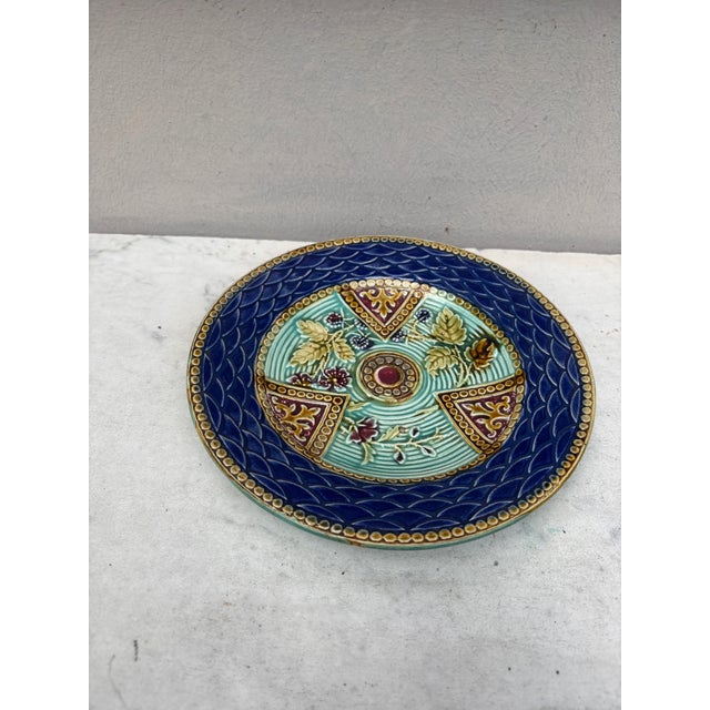 French Majolica plate Onnaing Circa 1890. flowers and blackberries.
