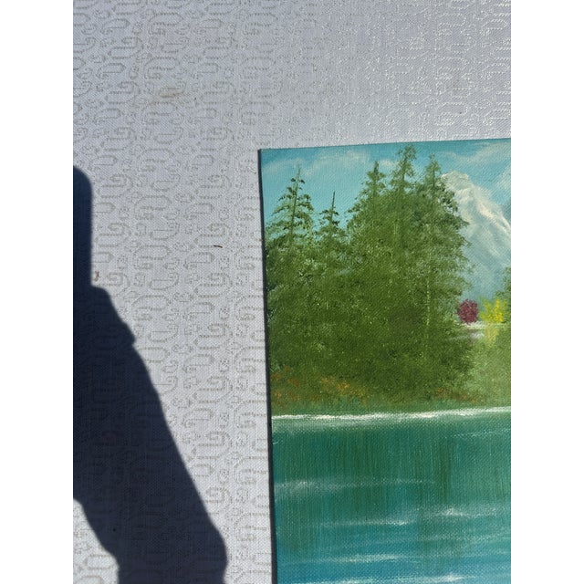 Mid-Century Modern 1990s Riverside and Mountains Landscape Painting With Colorful Bushes on Canvas For Sale - Image 3 of 8