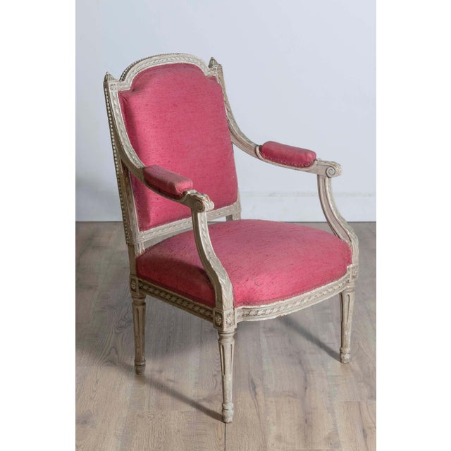 French French Louis XVI Style 19th Century Painted Fauteuil with Abundant Carved Décor For Sale - Image 3 of 10