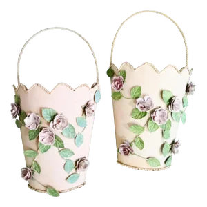 Vintage Sweet Scalloped Edge Tole Floral Metal Wall Pockets- a Pair