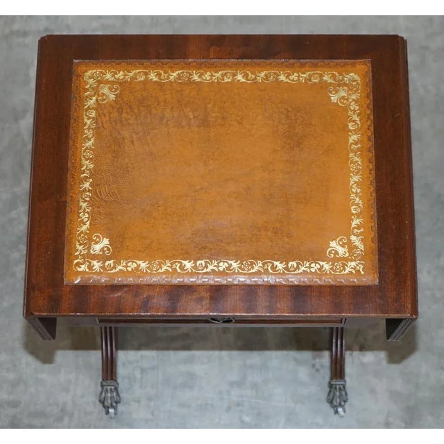 Vintage Brown Leather & Gold Leaf Side Table with Extending Top For Sale - Image 5 of 18
