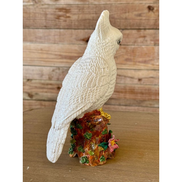 Mid-20th Century Italian Ceramic White Cockatoo Figurine on Floral Tree Stump For Sale - Image 9 of 12