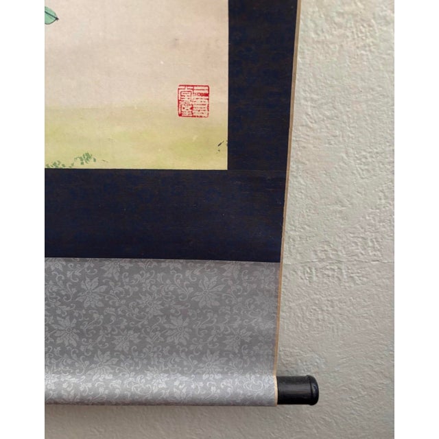 Vintage Chinese Hanging Scroll Painting — Hundred Butterflies & Peonies With Calligraphy, Silk Brocade Mount For Sale - Image 10 of 12