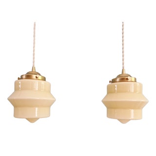 Art Deco Pendant Lights in Cream Opaline Glass, 1930s, Set of 2 For Sale