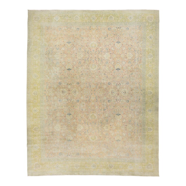 Oversized Antique Persian Tabriz Wool Rug in Tan & Green With Floral Design For Sale