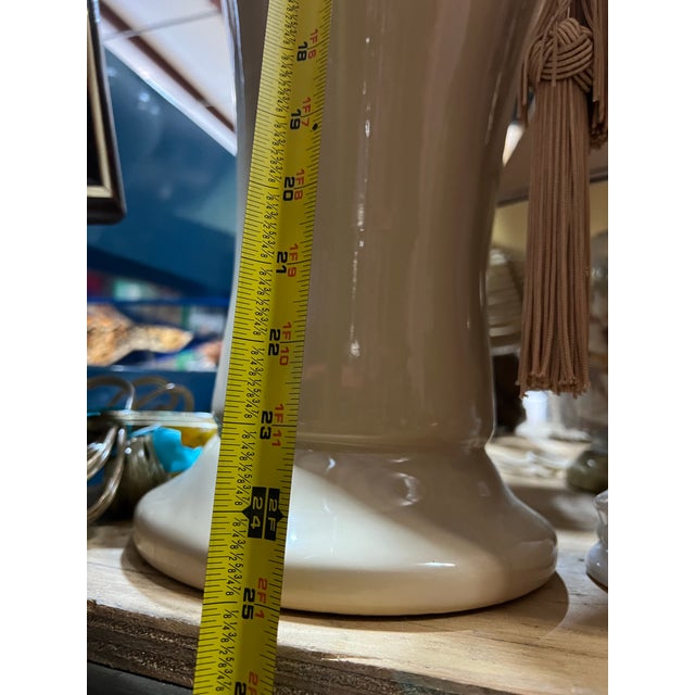 White 1970s Mid-Century Modern Ceramic Table Lamps With Light Pink Tassels - a Pair For Sale - Image 8 of 11