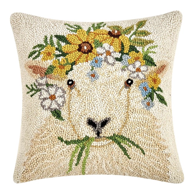 Spring Sheep Hook Pillow, 14" x 14" For Sale