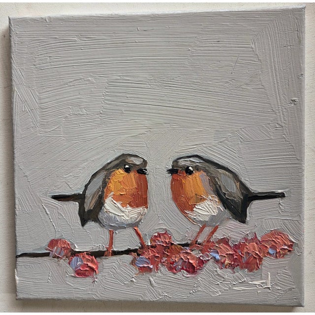 A whimsical one-of-a-kind oil painting of two robin birds, by UK based artist Vivek Mandalia. Frame and hang in your home....