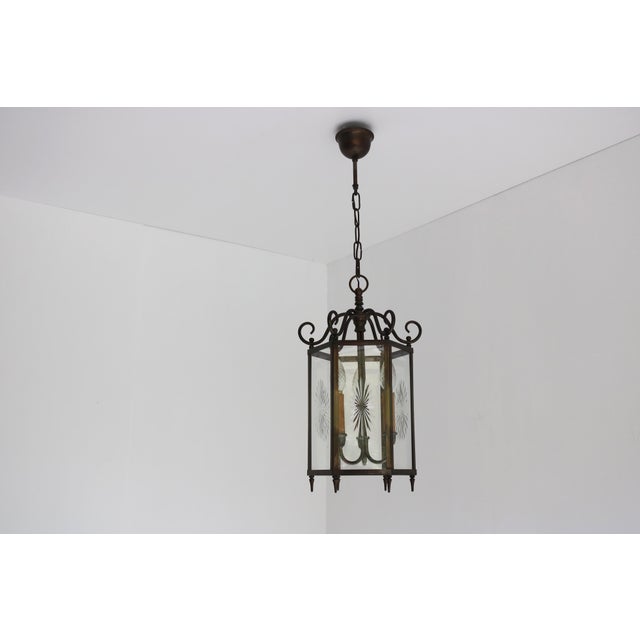 French Neoclassical Brass and Star Etched Glass Hanging Lantern, 1950s For Sale - Image 3 of 13