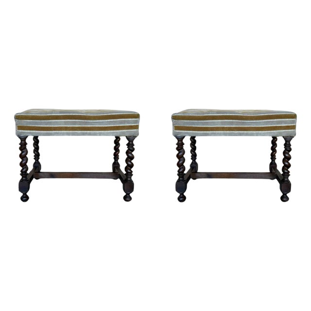 Pair of 20th century Spanish Solomonic Carved Solid Walnut Stools For Sale