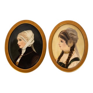 Antique German Signed KPM Porcelain Handpainted Bride Portrait Plaques 1890 - A Pair For Sale
