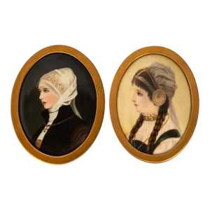 Antique German Signed KPM Porcelain Handpainted Bride Portrait Plaques 1890 - A Pair