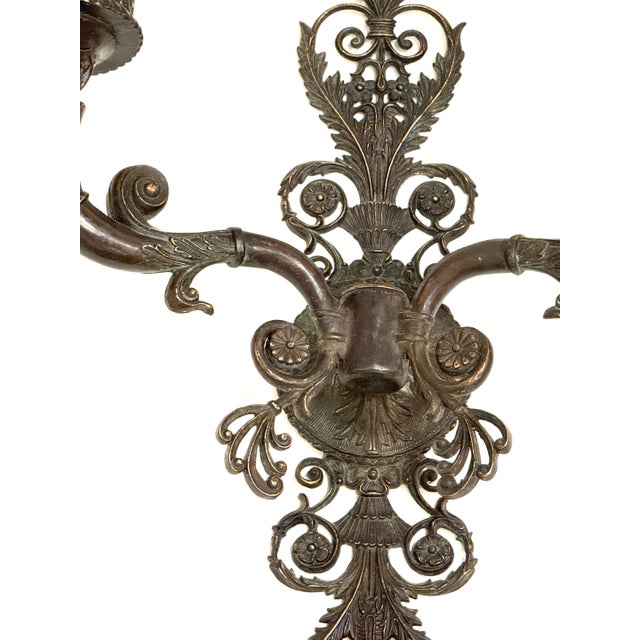 Large Pair of French Patinated Bronze Neoclassical Sconces, Mid 20th Century For Sale - Image 16 of 18