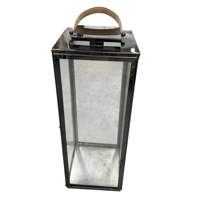 Modern Vintage Modern Polished Gunmetal & Glass Floor Lantern With Tan Leather Handle For Sale - Image 3 of 12