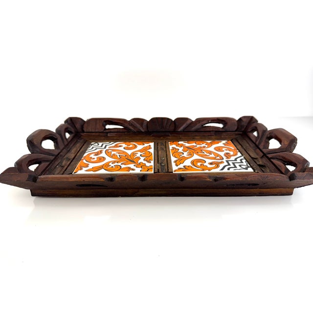 Orange Vintage Handcrafted Wooden Tray With Orange and Black Tile Inlay For Sale - Image 8 of 16