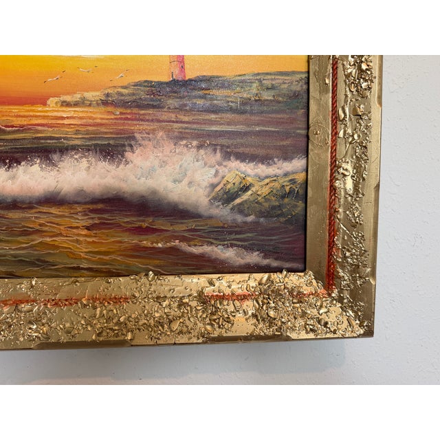 Vintage Oil Painting Lighthouse Sunset Seascape Coastal Art Unique Shell Decor For Sale - Image 10 of 11