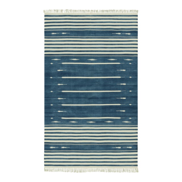 Rug & Kilim's Modern Dhurrie Rug in Blue with White Stripes & Geometric Patterns - 12x18 For Sale