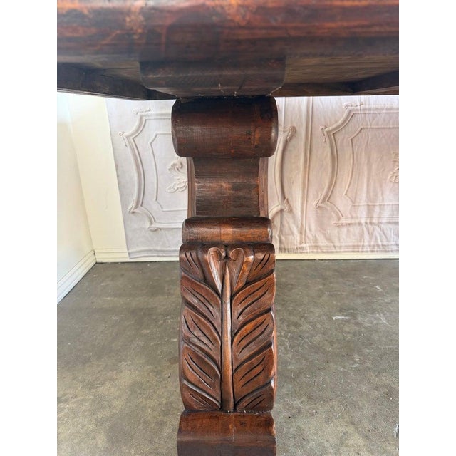 Spanish Colonial Revival Walnut Dining Table With Hand-Carved Scroll For Sale - Image 11 of 17