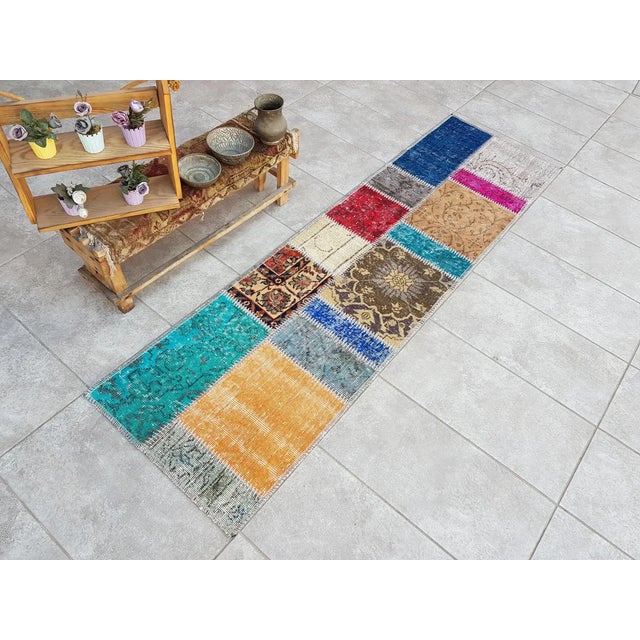 Turquise & Yellow Vintage Turkish Runner For Sale - Image 4 of 4