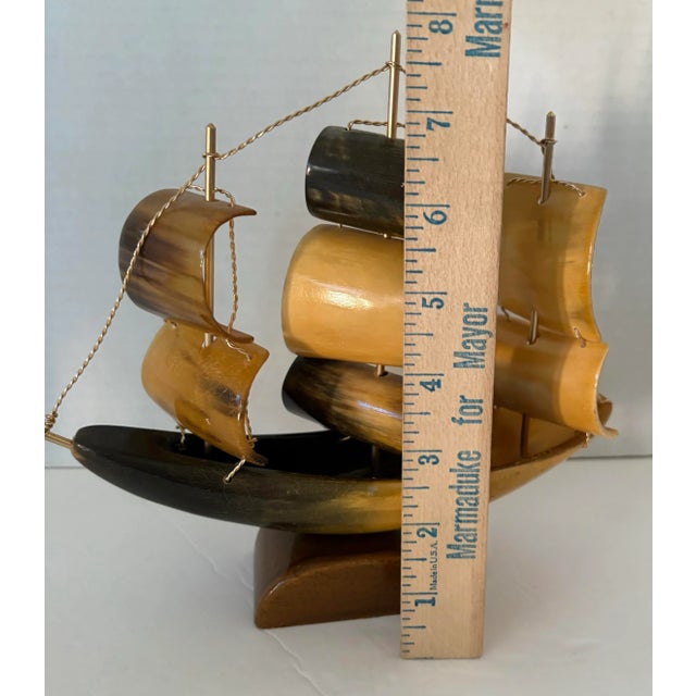 Brass Vintage Carved Horn Sailing Ship Sculpture With Brass Rigging, Nautical Coastal Decor Object For Sale - Image 8 of 10