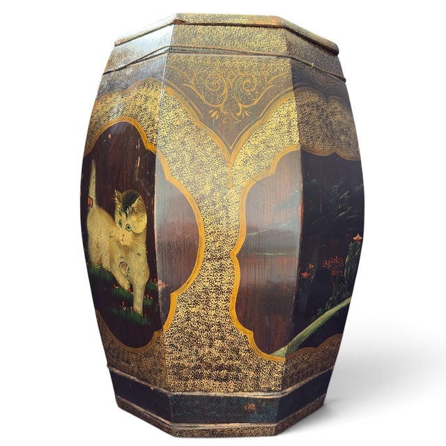 Mid 20th Century Unusual Kitten & Goldfish Octagonal Rice Barrel Hand-Painted Lacquer Wood 17.5" For Sale - Image 13 of 18
