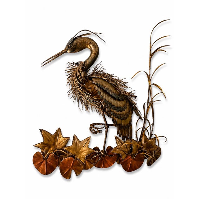 Vintage Mid-Century Mixed Metal Heron Egret Wall Sculpture With Water Lilies Description A dramatic vintage Mid-Century...