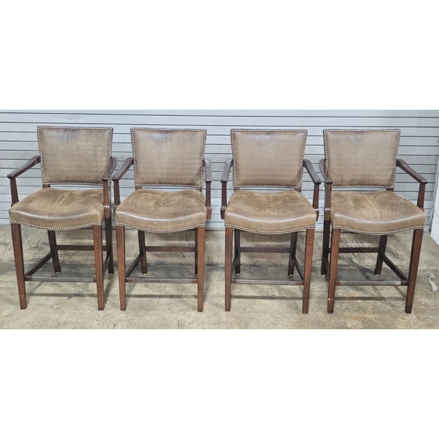 Traditional Late 20th Century Set of Four Hickory Chair Mahogany Alligator Pattern Leather Counter Stools For Sale - Image 3 of 11