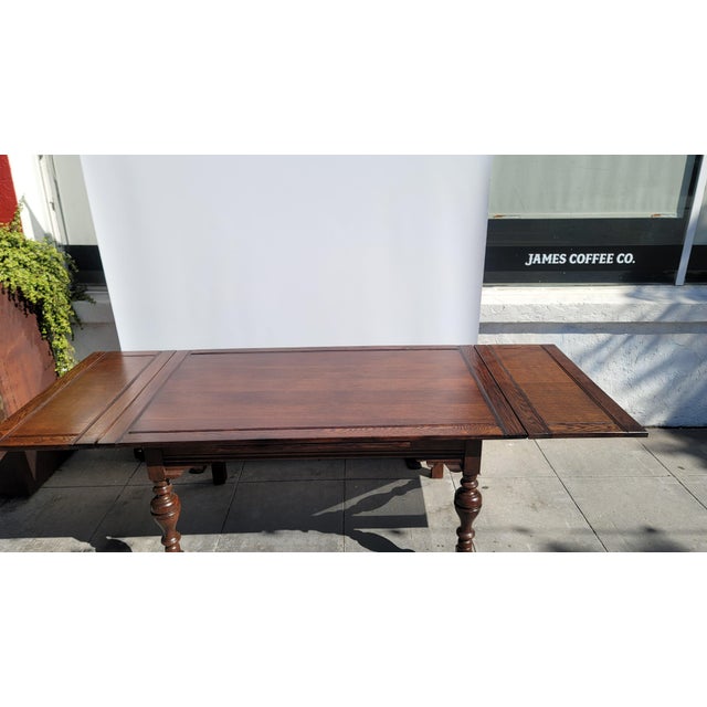 Antique 1930s Rustic Spanish Jacobean Dining Table Draw Leaf 8 Feet Open For Sale - Image 4 of 9