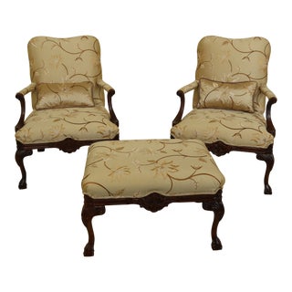 Pair Sherrill Embroidered Silk Clawfoot Armchairs & Ottoman For Sale