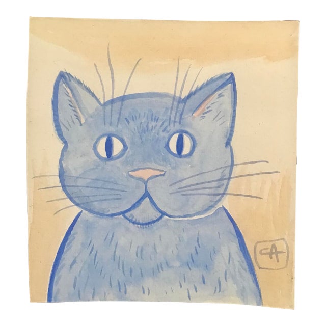 Original Watercolor by CL Auker, the Expectant Cat For Sale
